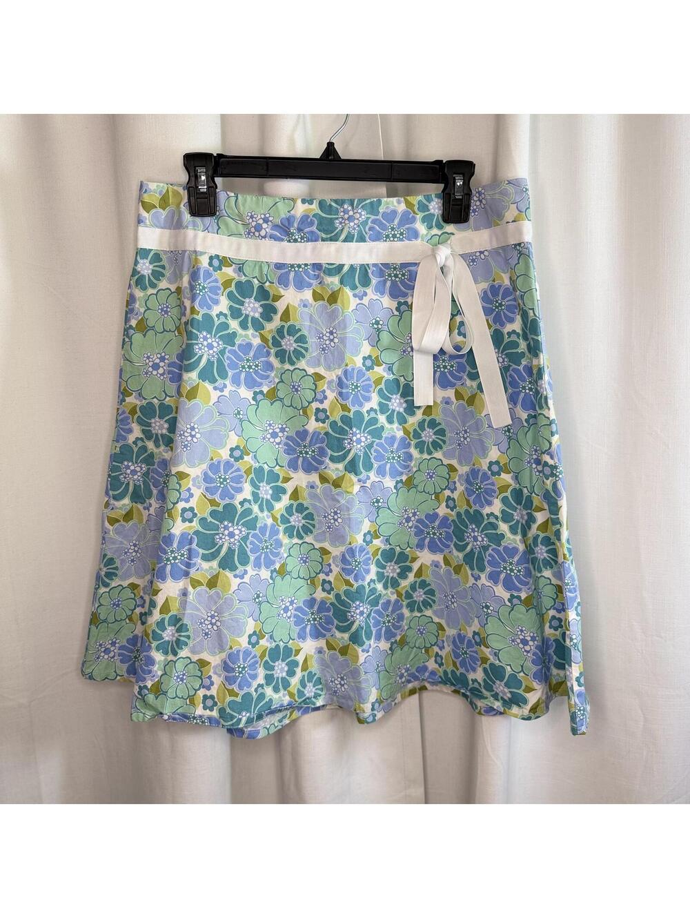 Vintage 12 Lemon Grass Floral Skirt Blue Green White A-Line Ribbon Bow Y2K Mod